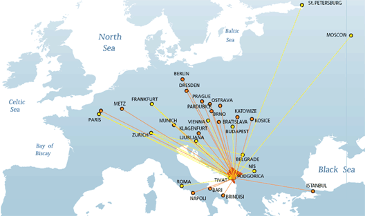 montenegro airlines route map