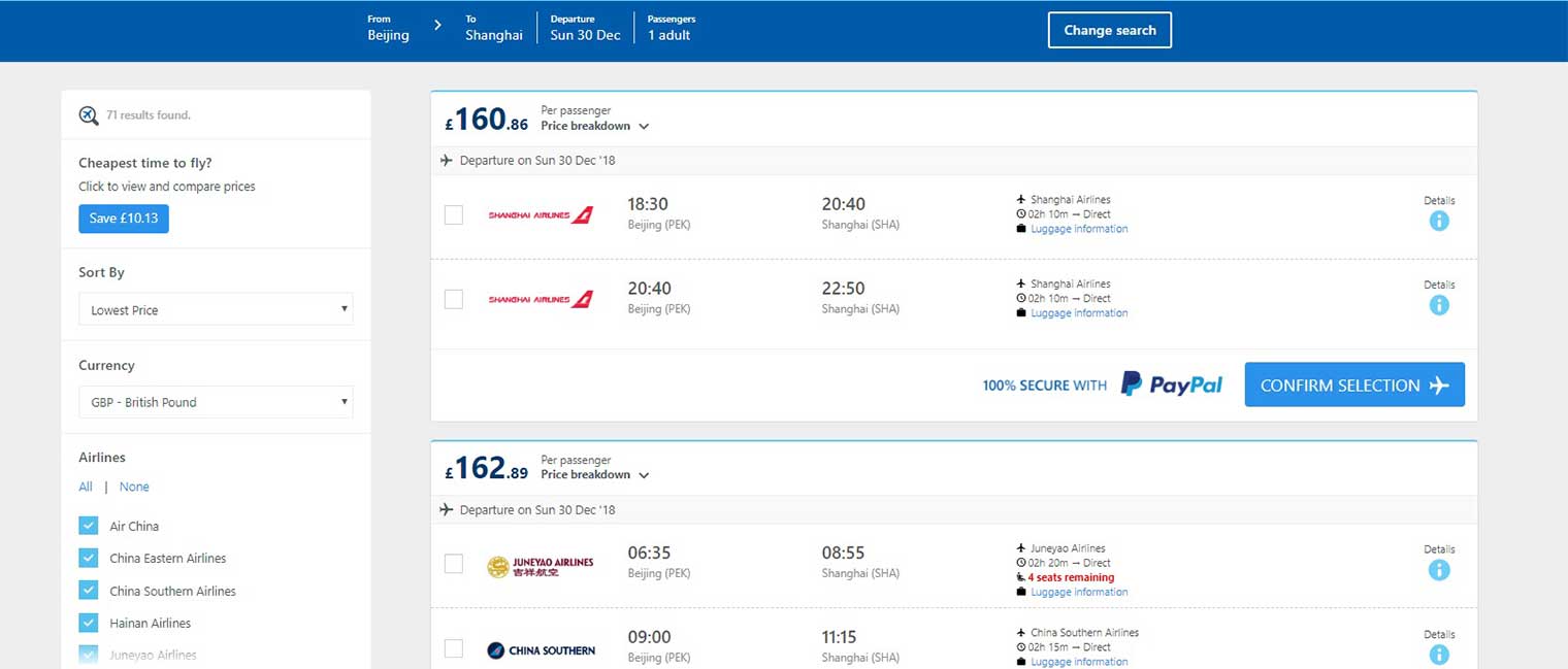 Alternative Airlines flight search result from Beijing to Shanghai