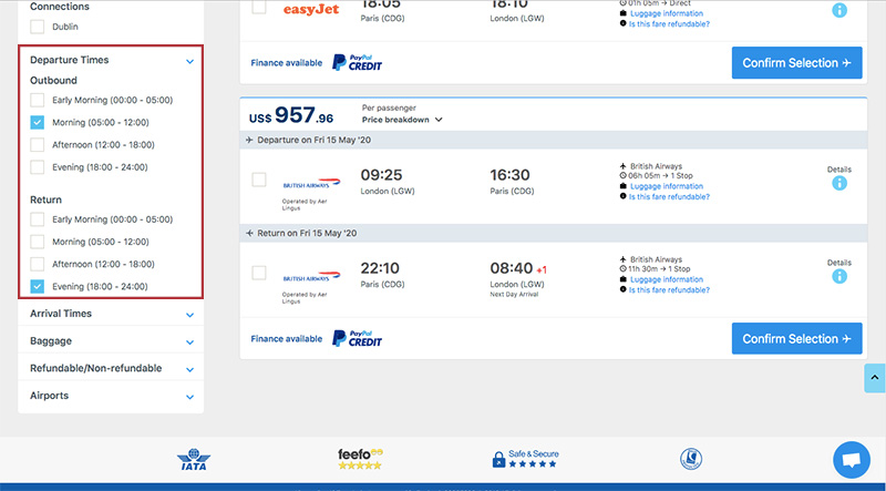 Alternative Airlines departure/return filters