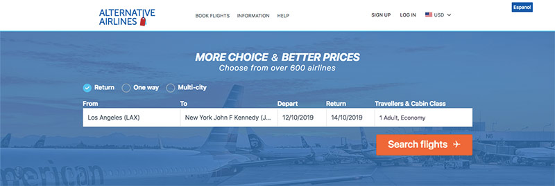 Alternative Airlines Flight Search LAX–JFK 12/10/19–14/10/19