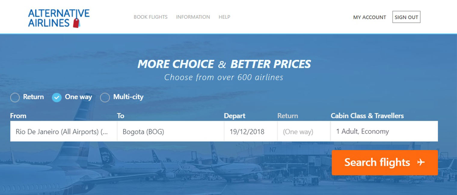 Step 1 Adding baggage Alternative Airlines Search Bar