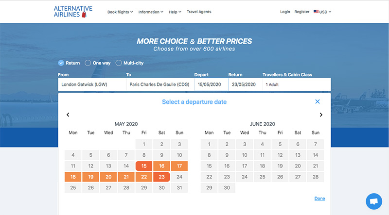 Alternative Airlines search form LGW–CDG calendar open