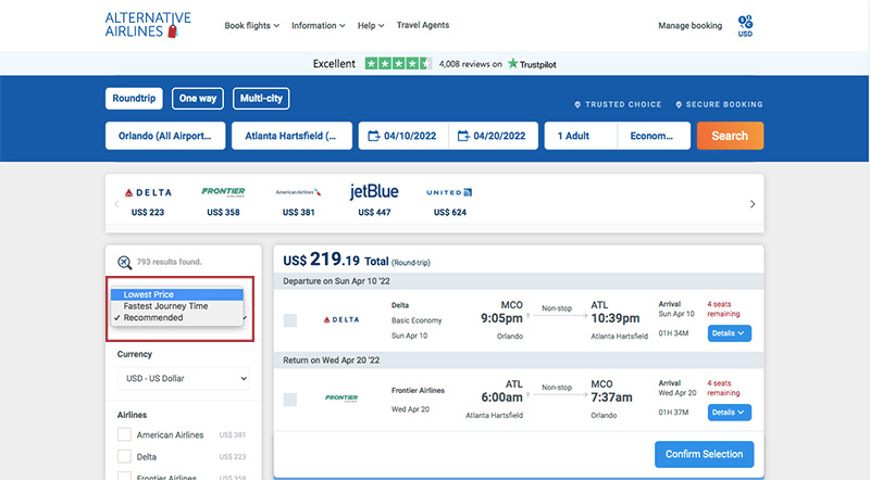 Alternative Airlines Flight Search Results ORL–ATL 04/10/22–04/20/22 sort by lowest price