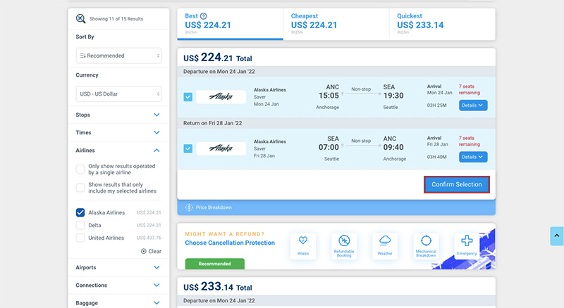 Checkout page Alternative Airlines Buy Now Pay Later Options Highlighted