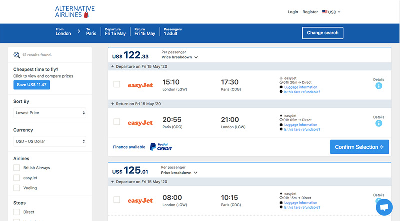 Alternative Airlines flight search results page LGW–CDG