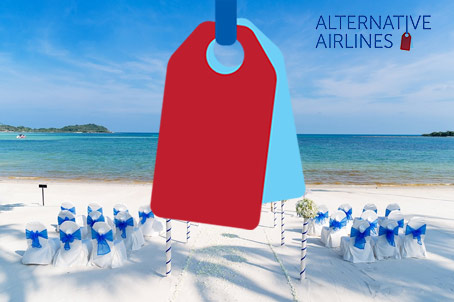 Beach Wedding with the Alternative Airlines logo over the top