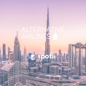 Alternative Airlines and Spotii Logos over Dubai skyline
