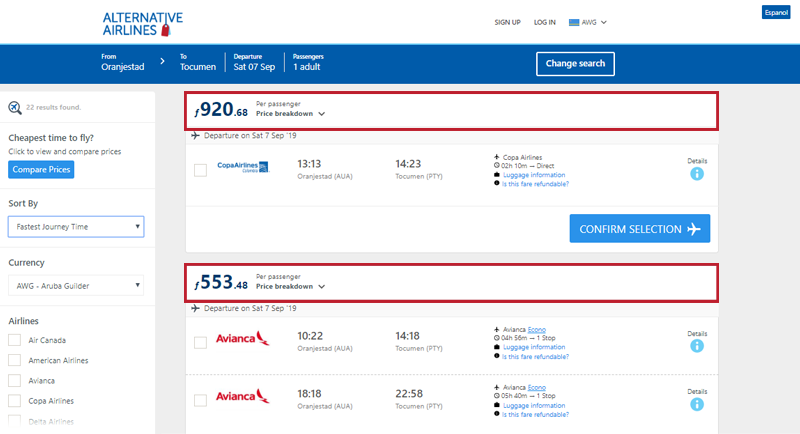 Alternative Airlines Aruban Florin search results page