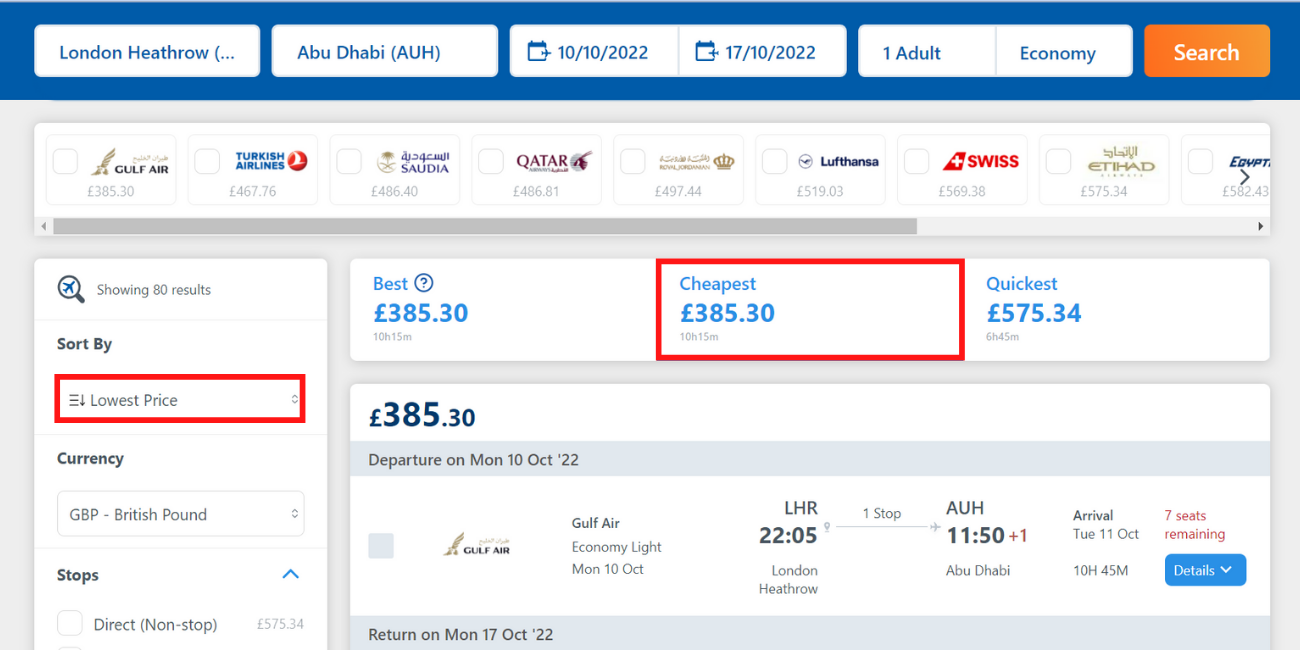 Sort by cheapest flight filter on Alternative Airlines search results (London-Abu Dhabi)