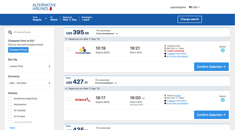 Alternative Airlines flight search result from Bogota to Miami
