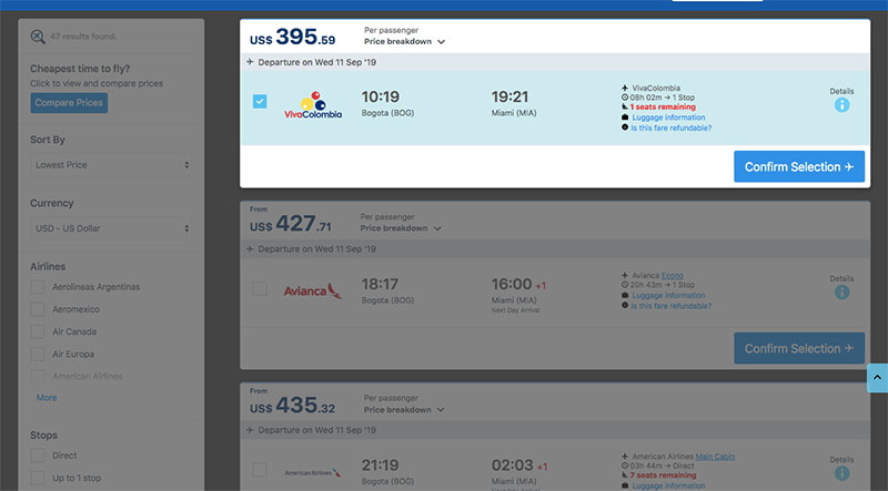 VivaColombia flight results for Bogota to Miami