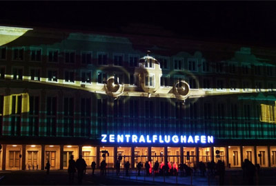 Berlin Tempelhof Airport outside the front in the dark