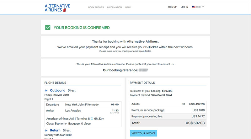 Booking confirmed page - Alternative Airlines