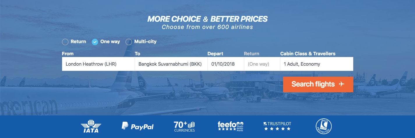 Alternative Airlines search bar with London Heathrow to Bangkok selected