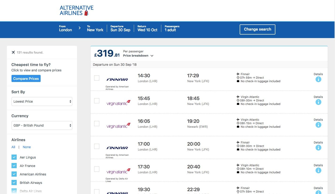 Jet Airways flight results for London Heathrow to Bangkok