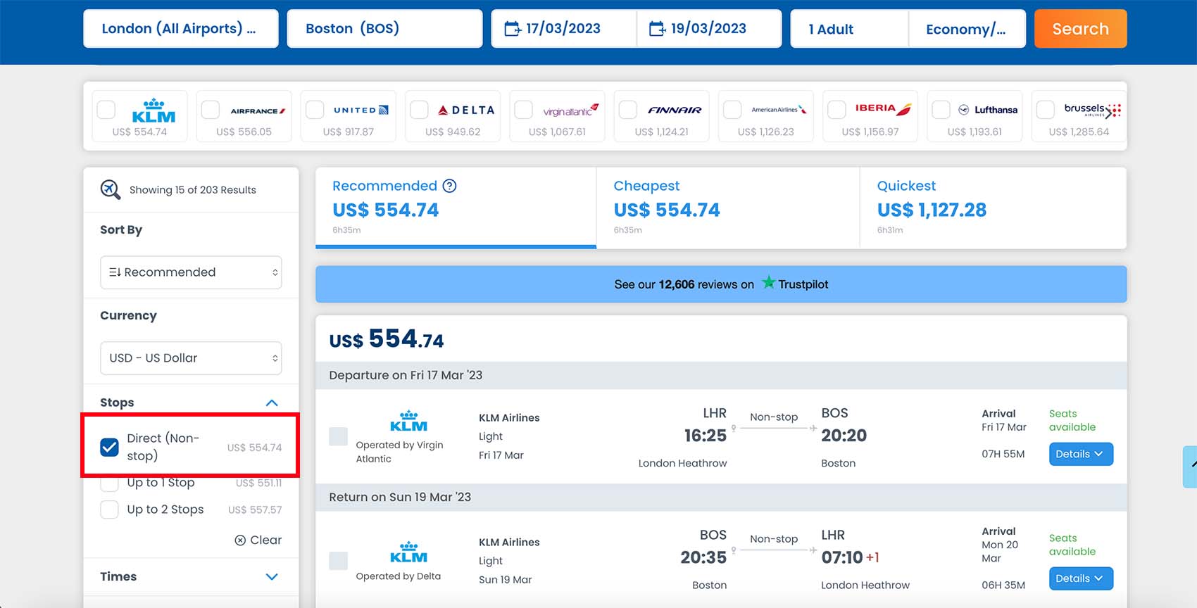 Select Direct (Non-stop) flights