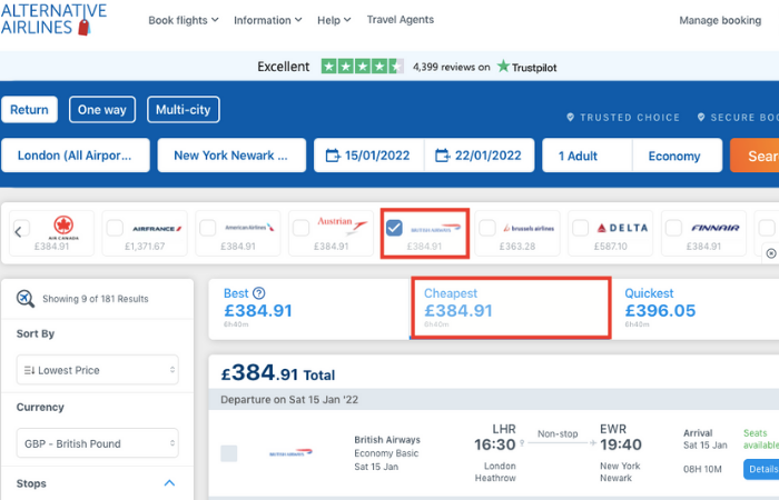 Using the Alternative Airlines 'cheapest flights' filter 
