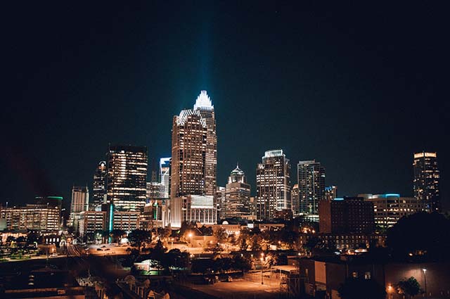 Skyline of Charlotte at night with all the high rises light up