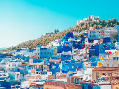 A view of the blue hillside village of Chefchaouen in Morocco