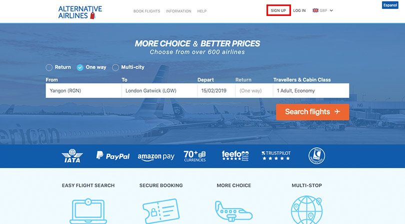 alternative airlines create my account
