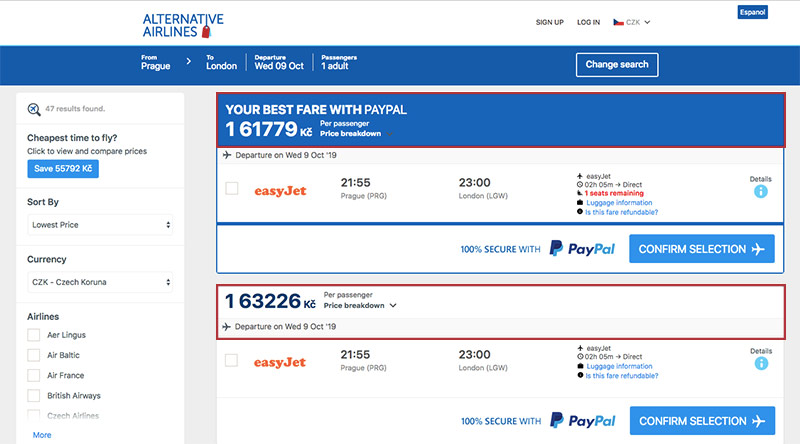 Alternative Airlines Czech koruna search results page