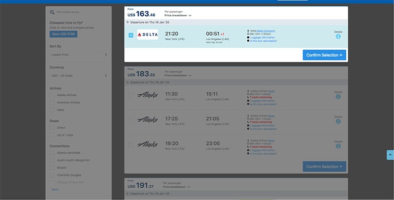 JFK—LAX 16/01/20 Alternative Airlines flight search results page Delta Airlines selected