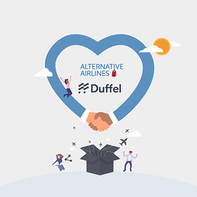 Graphic image showing the Alternative Airlines and Duffel logo's interlocked by a blue heart