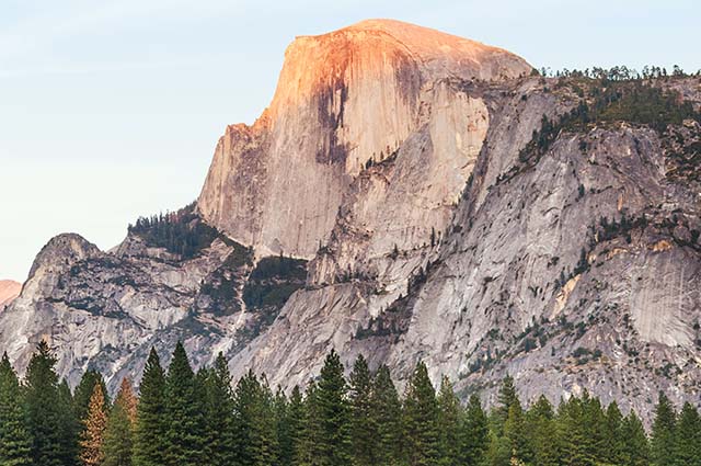 El capitan mountain in yosemite national park. Cliff face with green trees and orange glow from setting sun
