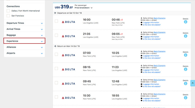 Alternative Airlines filters search results page LAX–JFK 15.09.21. Experience filters highlighted