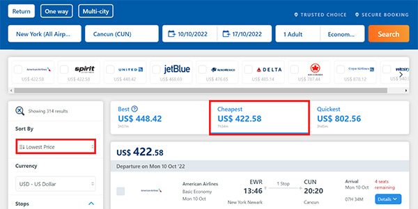 Sort by cheapest flight filter on Alternative Airlines search results (NYC-Cancun)
