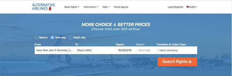 Alternative Airlines search bar with JFK to Miami selected