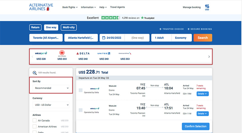 Flight Search Results Alternative Airlines Toronto ATL 24 05 21 