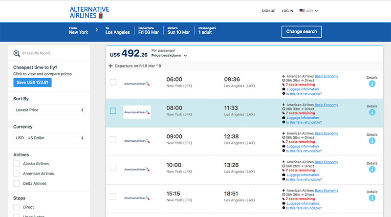 Alternative Airlines Flight Search Results Page - JFK—LAX