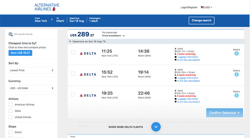 Alternative Airlines flight search result from JFK to Miami