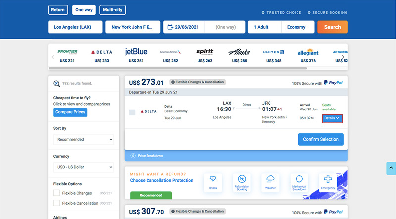 Flight Search Results Details Highlighted
