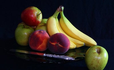 Mix of fruit — apples, banana and peaches