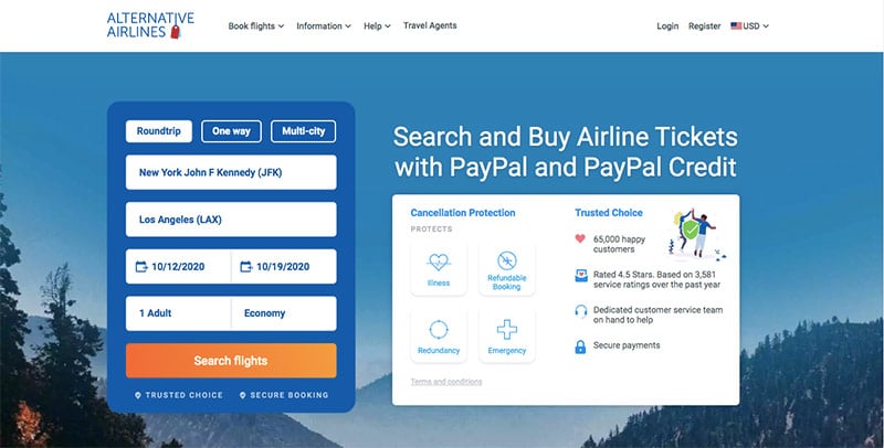 Alternative Airlines search bar with flights to LAX entered