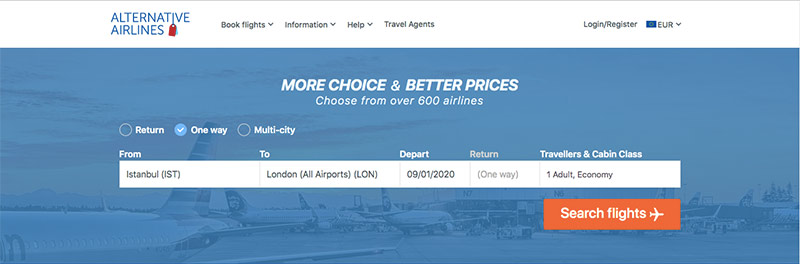 Alternative Airlines search form IST to LON 09/01/2020