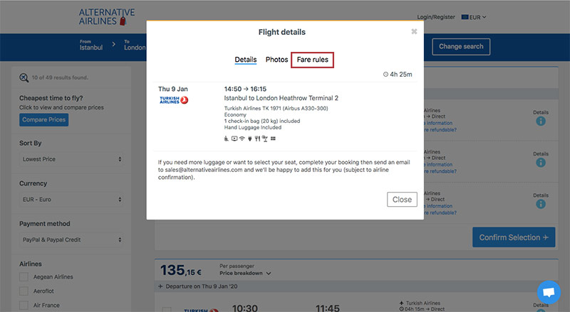 Alternative Airlines flight details IST to LON 09/01/2020