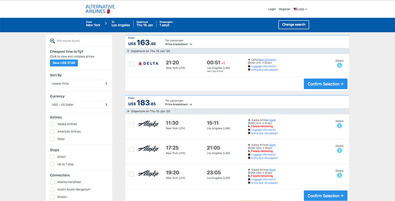 JFK—LAX 16/01/20 Alternative Airlines flight search results page