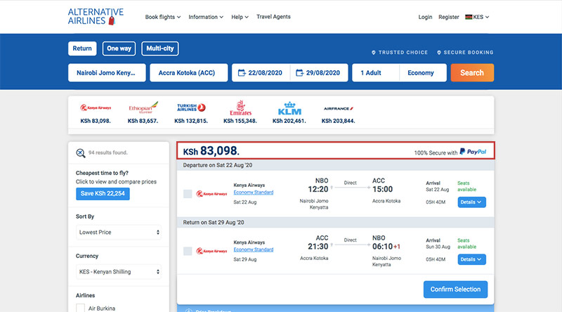 Alternative Airlines Kenyan shilling search results page