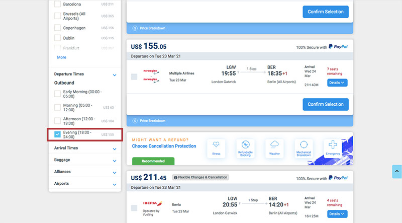 Alternative Airlines Flight Search Results LGW to BER - 23/03/21 - 1 Adult - Evening Flight Filter