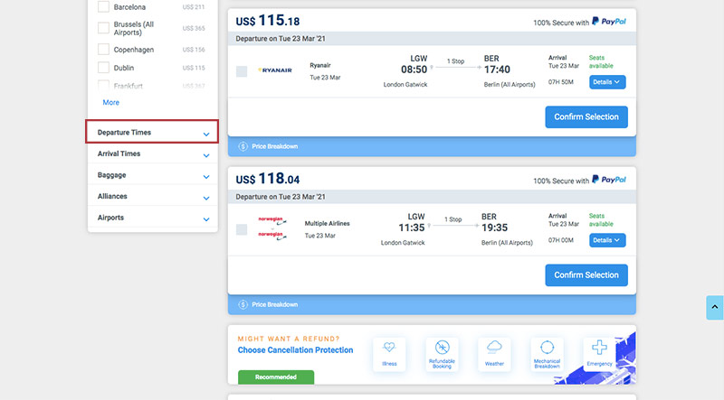 Alternative Airlines Flight Search Results LGW to BER - 23/03/21 - 1 Adult - Departure Time Filters