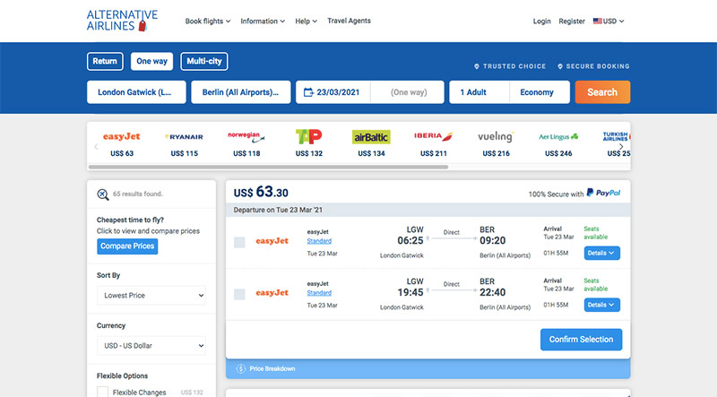 Alternative Airlines Flight Search Results LGW to BER - 23/03/21 - 1 Adult