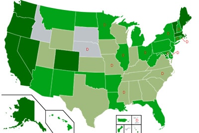 Map displaying states where cannabis is legal in the USA