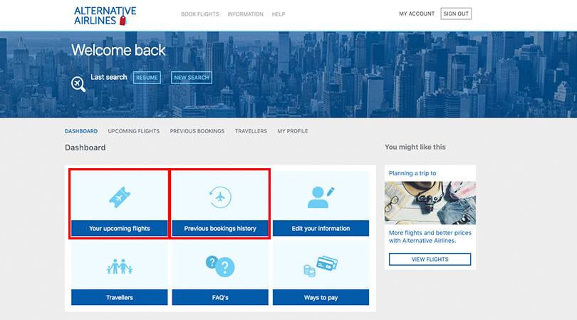 alternative airlines my account existing flights