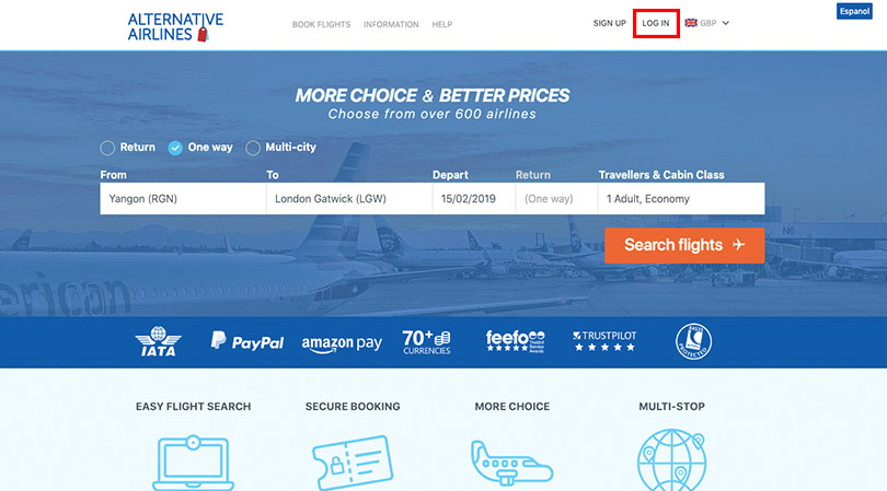 log in to my account on alternative airlines