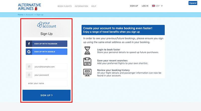 Alternative Airlines sign up box