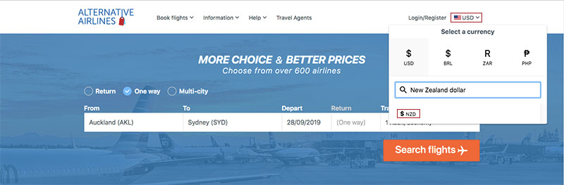 Alternative Airlines currency changer New Zealand dollar