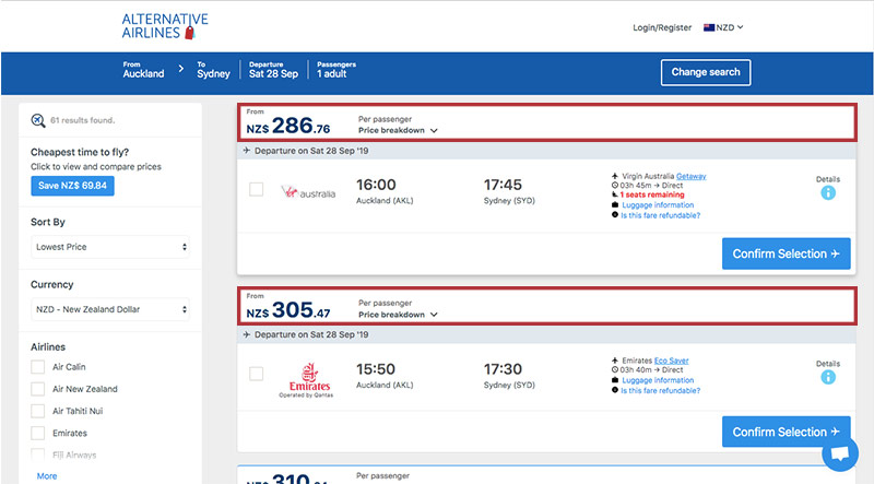 Alternative Airlines New Zealand dollar search results page
